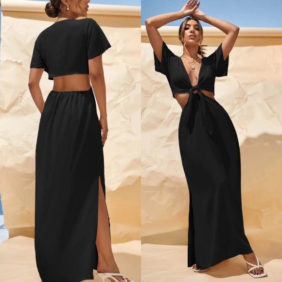 Cutout twist knotted slit maxi dress boho cream - Picture 3 of 4